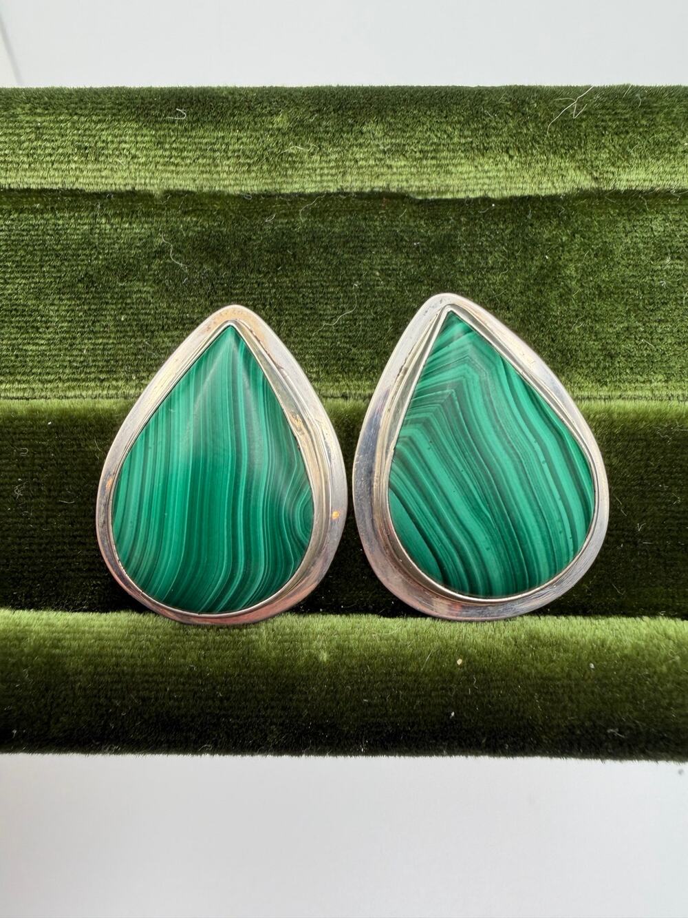 Vintage Sterling Silver Malachite Teardrop Earrings